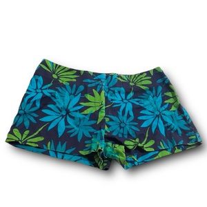 Vintage Express Stretch Tropical Blue & Green Floral Print Shorts, size 3/4, EUC